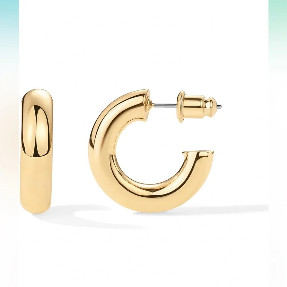 14K Gold Plated Small Lightweight Chunky Open Hoops Gold Hoop Earrings for Women - Picture 4 of 4